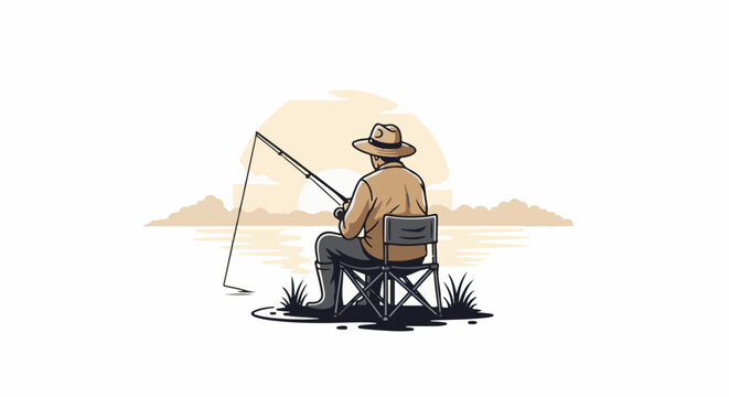 Man sitting on folding chair by water, fishing with rod