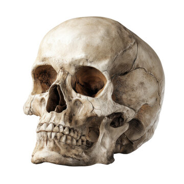 Aged realistic human skull with detailed anatomy and teeth isolated on transparent background