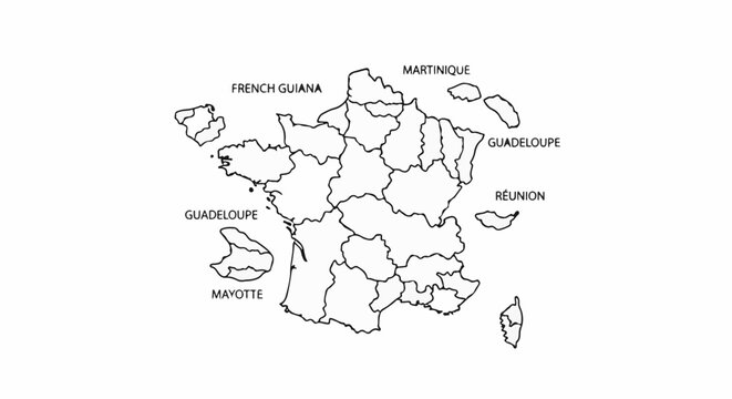 Outline map of France with overseas departments and islands