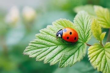 Fototapeta premium Ecological Balance And Natural Pest Control Ladybug On Green Leaf In Garden For Sustainable Agriculture And Biodiversity Conservation Close Up