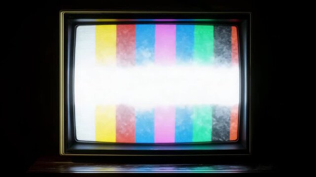 Retro television with glitch screen and static noise, broadcast signal error, analog TV interference, media disruption, vintage technology, distorted video, communication failure