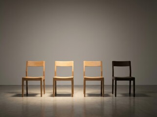 Obraz premium A lineup of four wooden chairs under spotlight symbolizes choice and opportunity.