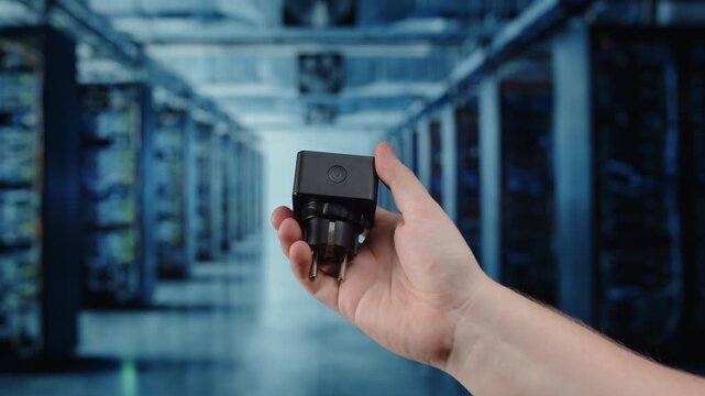 Hand holding wall power adapter in data center server room