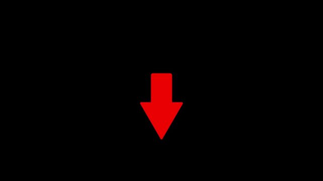 Red colors Downward Arrow Symbol on Black Background direction with 4k video animation.
