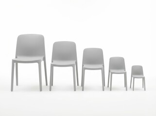 Fototapeta premium Five gray chairs of varying sizes on a white background symbolize career progression and candidate selection.