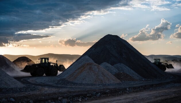 Medium shot of bauxite stockpiles at dusk with loaders silhouetted against a fading sky emphasizing atmospheric mining operations and ambient light contrasts.