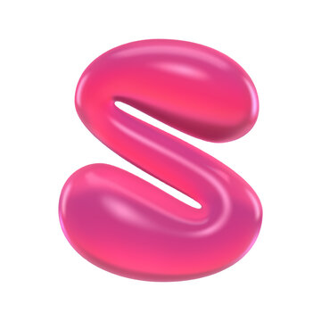 Glossy pink gummy letter S with shiny 3D bubble shape