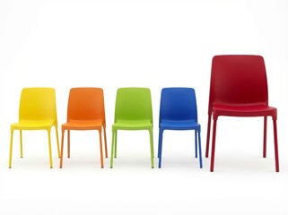 Fototapeta premium Five vibrant chairs in a row, symbolizing HR selection or career advancement.