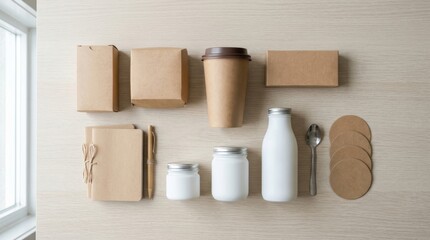Naklejka premium A flat lay arrangement of eco-friendly brown paper packaging, including boxes, cups, and jars, set against a light wooden background with natural light.