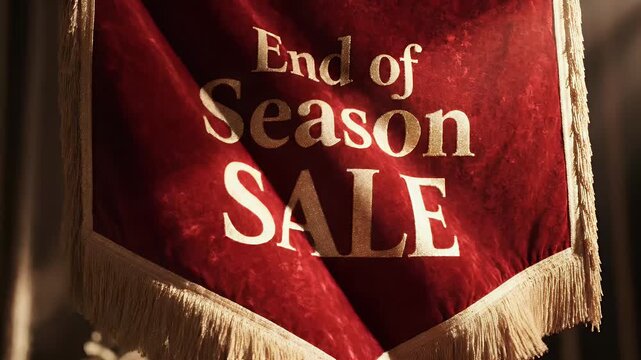 A rich, red velvet banner with gold lettering announces an "End of Season Sale.
