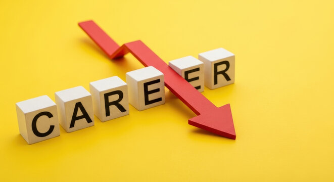 Career Decline Concept with Wooden Blocks and Red Arrow Showing Downward Trend Negative Progress and Professional Setback on Yellow Background
