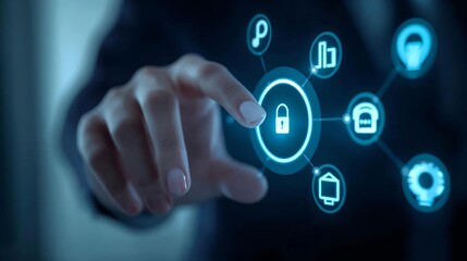 Fototapeta premium Hand interacts with a digital padlock icon on a futuristic interface with security symbols