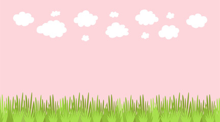 Dreamy landscape with green grass and white clouds on soft pink sky background. Beautiful magic nature illustration for girls birthday cards and nursery decor. © Kidzkamba
