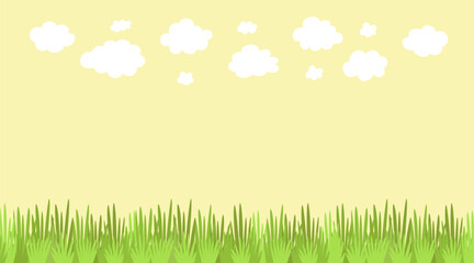 Fototapeta premium Simple serene landscape with green grass field and white clouds on yellow sky. Minimalist peaceful nature background with copy space for kids or eco projects.
