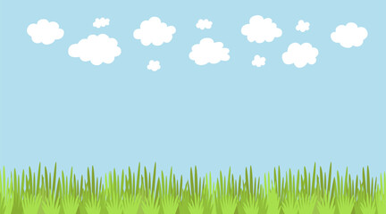 Naklejka premium Sunny day landscape with green field and white fluffy clouds in blue sky. Clear nature background with copy space for environmental and education projects.