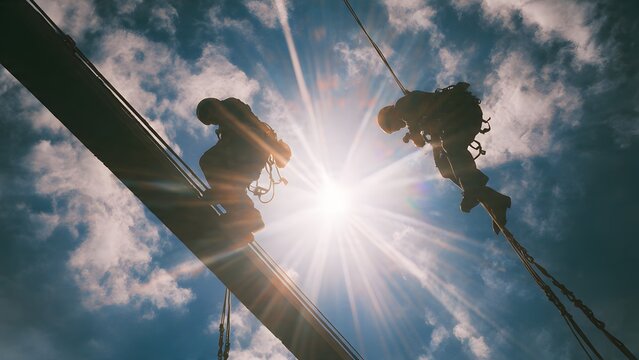 Cinematic concept of two roof technicians climbing twin beams, the sun flaring between them, harnesses and helmets crisply defined against the sky