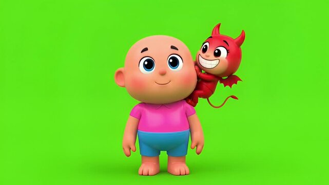Digital Art Illustration Young Boy with a Mischievous Cartoon Devil Character on His Shoulder, Symbolizing Temptation, Inner Conflict, and Moral Choices