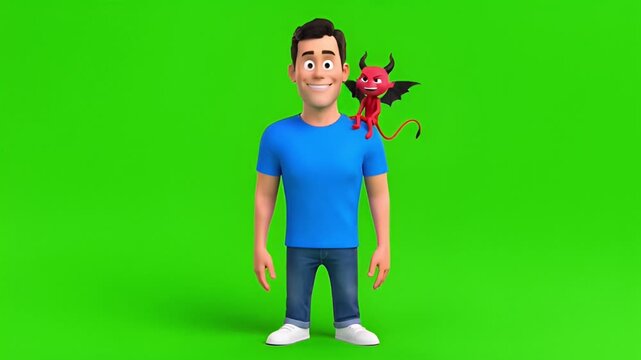 A Cartoon Man Wearing a Blue T-Shirt with a Small Red Devil Perched on His Shoulder