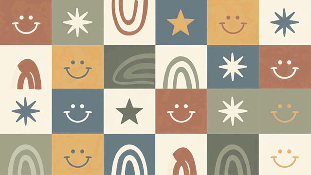 Playful 5x5 checkerboard with smileys stars arches rainbows and earthy colors