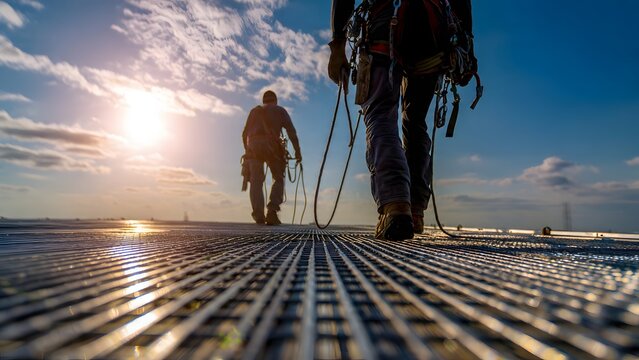 Hyper realistic weld site concept with spotless PPE and secure harnesses on welders walking a steel chord at height