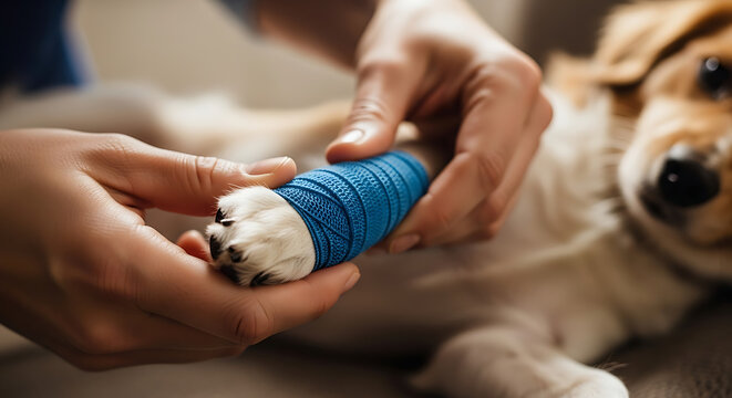 Close-up of human hands gently wrapping a blue bandage on a cute puppy's paw for injury recovery and comfort