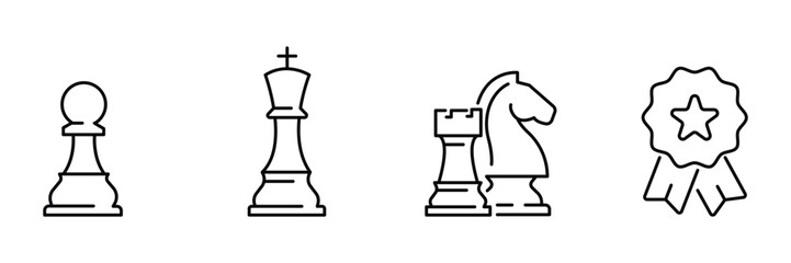 Chess game pieces icon set featuring king pawn knight rook and winner badge for competition strategic play and vector illustration. © suman