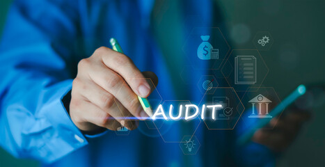 Obraz premium financial inspection, compliance review, data analysis, risk assessment, and corporate accounting management system. Business audit concept with hand writing audit text on digital interface,