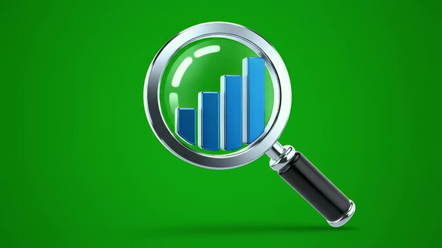 Magnifying glass revealing an upward trending bar graph on a green background