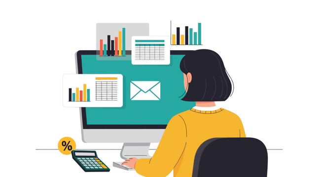 Flat Vector Illustration of a Businesswoman Analyzing Data Charts and Financial Graphs on a Computer