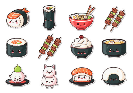 Playful cartoon Japanese food faces arranged in a 4x3 grid on white background