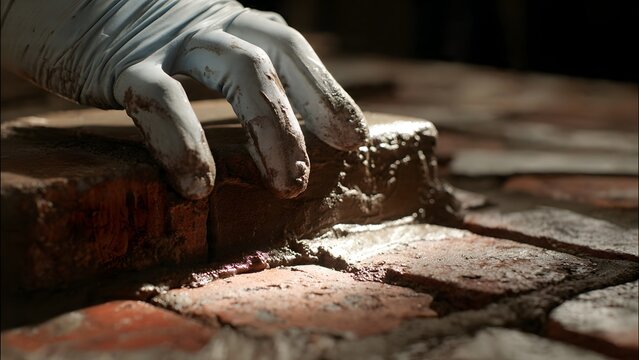 Macro shot capturing the alignment of brick edges as a grey work glove nudges a terracotta brick into a straight line on fresh cement