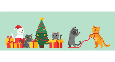 Fototapeta premium Cute Cartoon Cats Celebrating Christmas with Gifts and Decorated Tree, Flat Vector Illustration of Festive Kittens Playing with Ribbons on Mint Green Background
