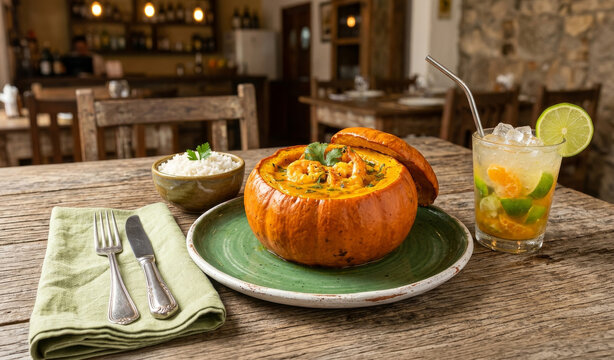 Creamy shrimp in pumpkin served with white rice and a refreshing lime and tangerine caipirinha at a rustic wooden restaurant table