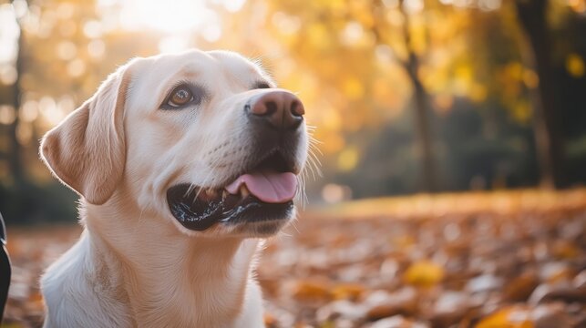 Happy yellow lab in a beautiful autumn park surrounded by colorful leaves and warm sunlight, capturing a moment of joy and tranquility.