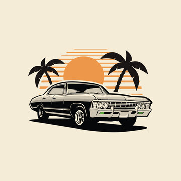 Classic american muscle car on beach vector illustration. Best for automotive tshirt design