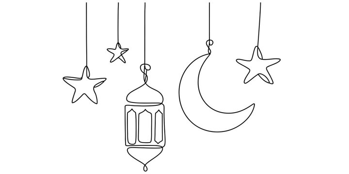 Continuous line drawing of hanging ramadan lantern crescent moon and stars on white background. Vector, illustration