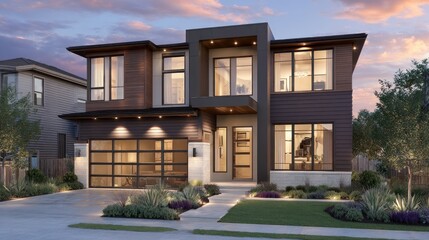 Obraz premium Modern luxury house exterior at dusk