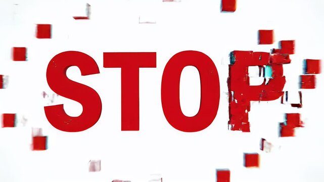Bold red text "STOP" disintegrates into red and blue cubes
