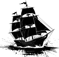 Black silhouette of a sailing ship with tattered sails a white background © Jisan