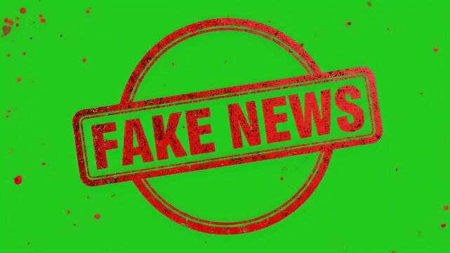 Red "Fake News" stamp on a vibrant green background with red splatters