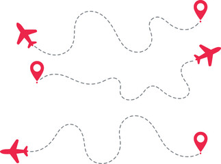 Vector airport pin set airplane flight routes illustration, start and end points travel tourism concept plane icons dotted line paths map pins © Jackie K. Penn