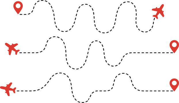 Vector airport pin airplane flight route illustration, start and end point travel tourism concept plane icon dotted line path map pin