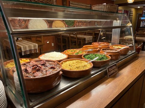 Restaurant buffet with various Brazilian dishes