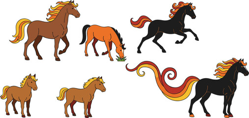 Collection of stylized horses in various poses with flowing manes vector illustration set for fantasy animal design © pappa