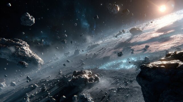 Space universe exploration, fantasy. A vivid, detailed depiction of a cosmic scene. The main subject is a vast expanse of rocky terrain, with numerous asteroids scattered throughout.