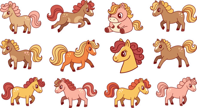 Cute cartoon pony characters collection with colorful manes and playful poses vector illustration set for kids design