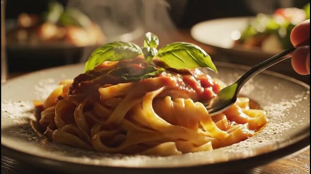 A close-up shot of delicious, steaming pasta with red sauce, fresh basil, and grated cheese being served in a warm restaurant setting.