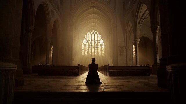 Static shot of person kneeling in prayer inside gothic cathedral with sunlit stained glass window and dramatic backlit rays