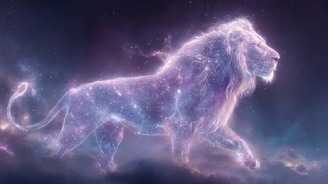 Space universe exploration, fantasy. A vivid digital artwork depicts a majestic lion in a cosmic setting. The lion is depicted in a side profile, with its head turned slightly to the side.