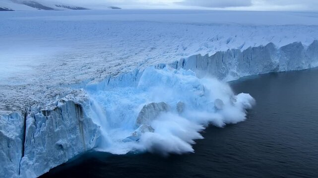 Aerial tracking shot of glacier calving and ice cliff collapse into cold ocean along polar coastline from ice sheet front